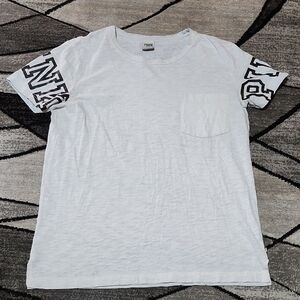 VS PINK 2017 HEATHERED BLUE ACID-WASH CAMPUS CREW ARM LOGO TEE-SHIRT